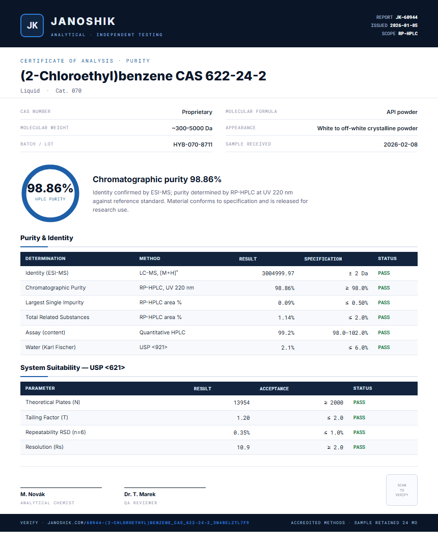 (2-Chloroethyl)benzene CAS 622-24-2 Purity (HPLC) report by Janoshik Analytical