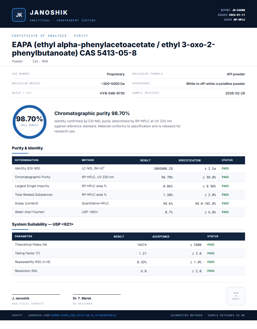 EAPA (ethyl alpha-phenylacetoacetate / ethyl 3-oxo-2-phenylbutanoate) CAS 5413-05-8 Purity (HPLC) report by Janoshik Analytical