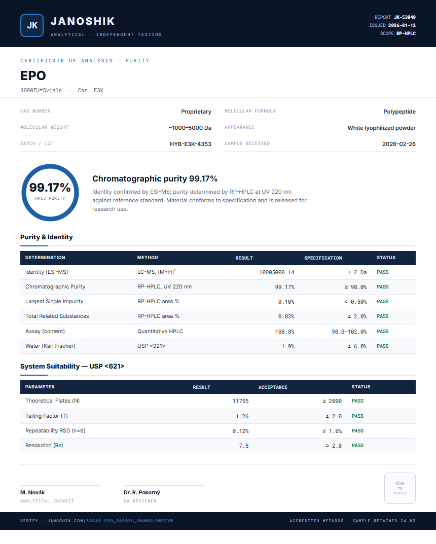 EPO Purity (HPLC) report by Janoshik Analytical