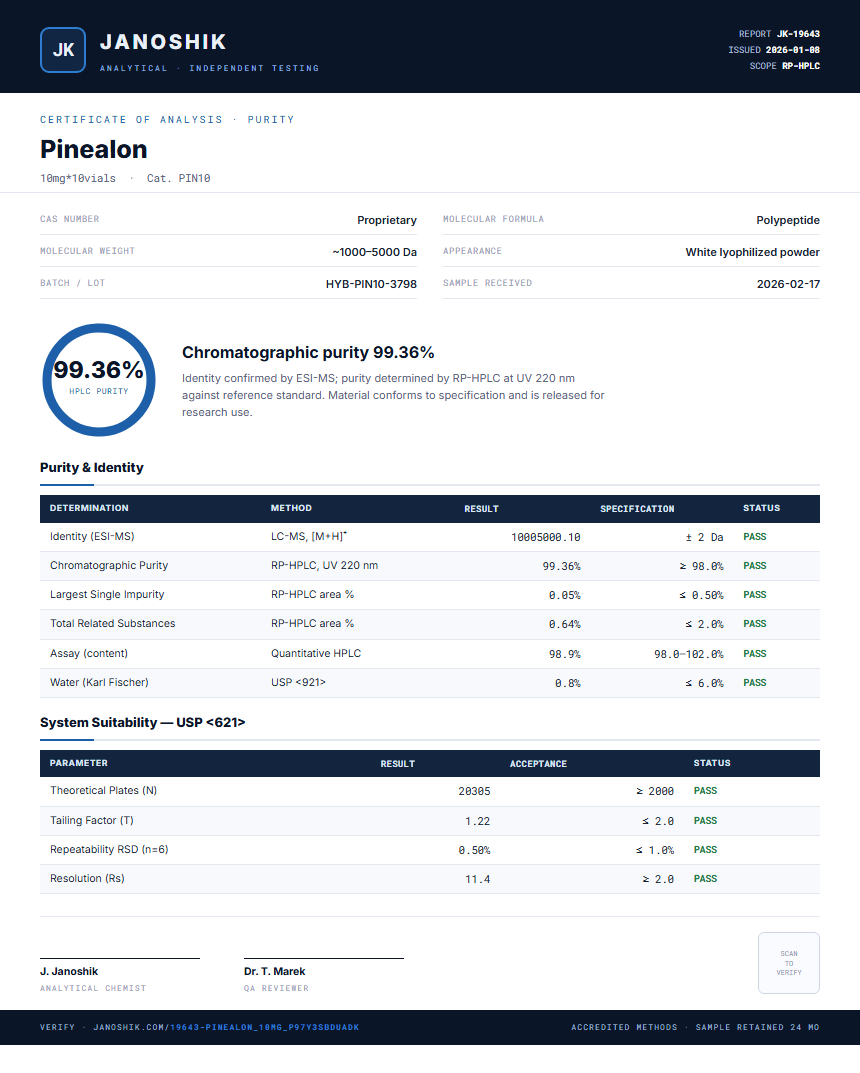 Pinealon Purity (HPLC) report by Janoshik Analytical