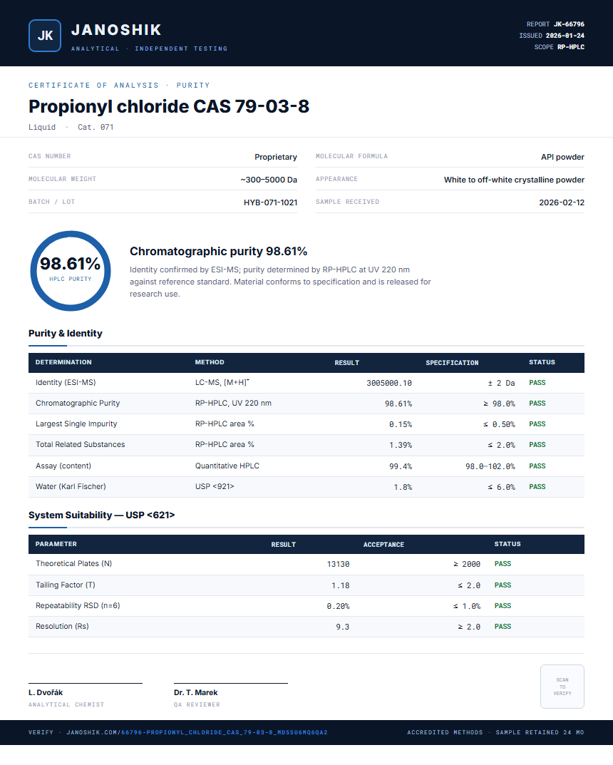 Propionyl chloride CAS 79-03-8 Purity (HPLC) report by Janoshik Analytical
