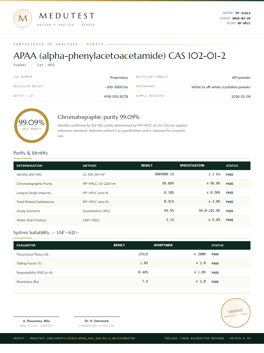 APAA (alpha-phenylacetoacetamide) CAS 102-01-2 Purity Test Report by Medutest