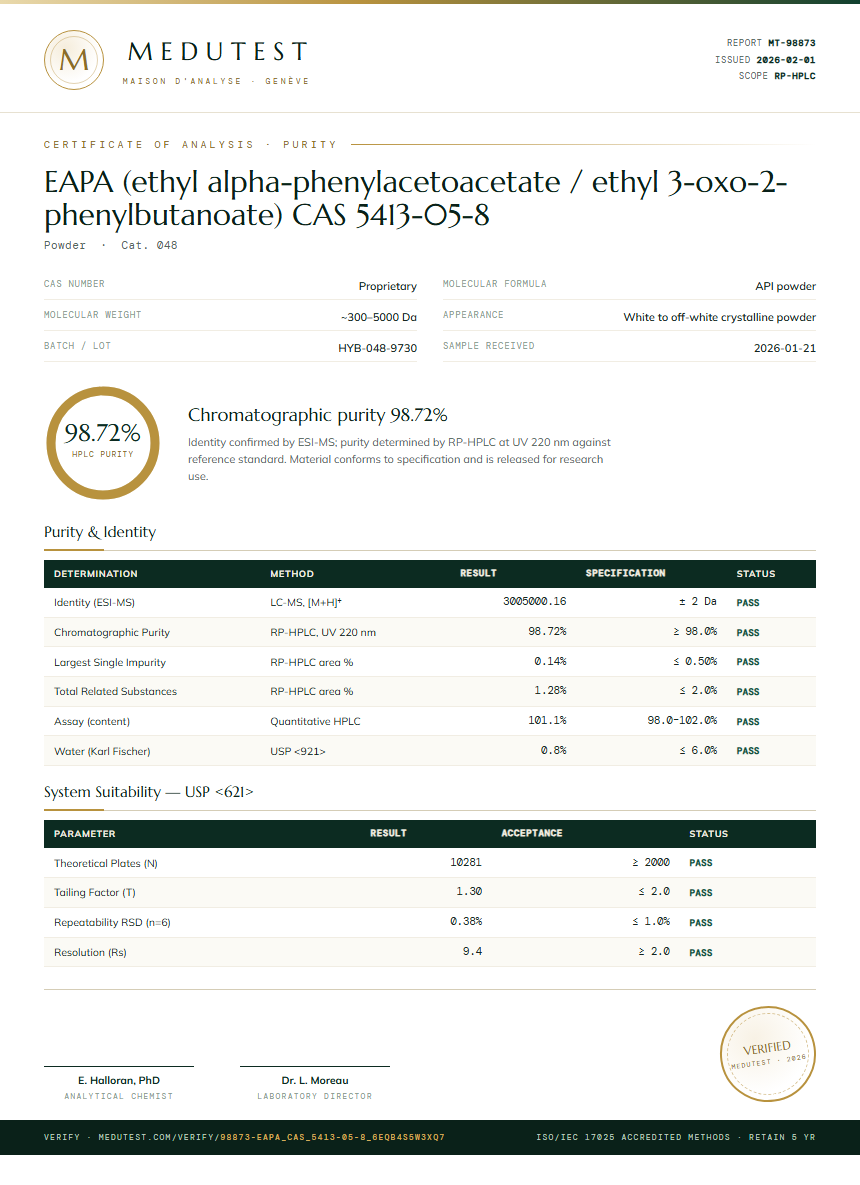 EAPA (ethyl alpha-phenylacetoacetate / ethyl 3-oxo-2-phenylbutanoate) CAS 5413-05-8 Purity Test Report by Medutest