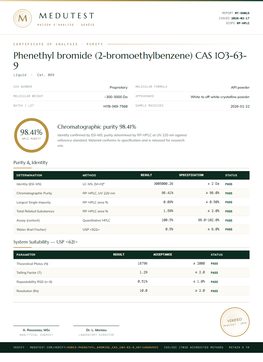 Phenethyl bromide (2-bromoethylbenzene) CAS 103-63-9 Purity Test Report by Medutest