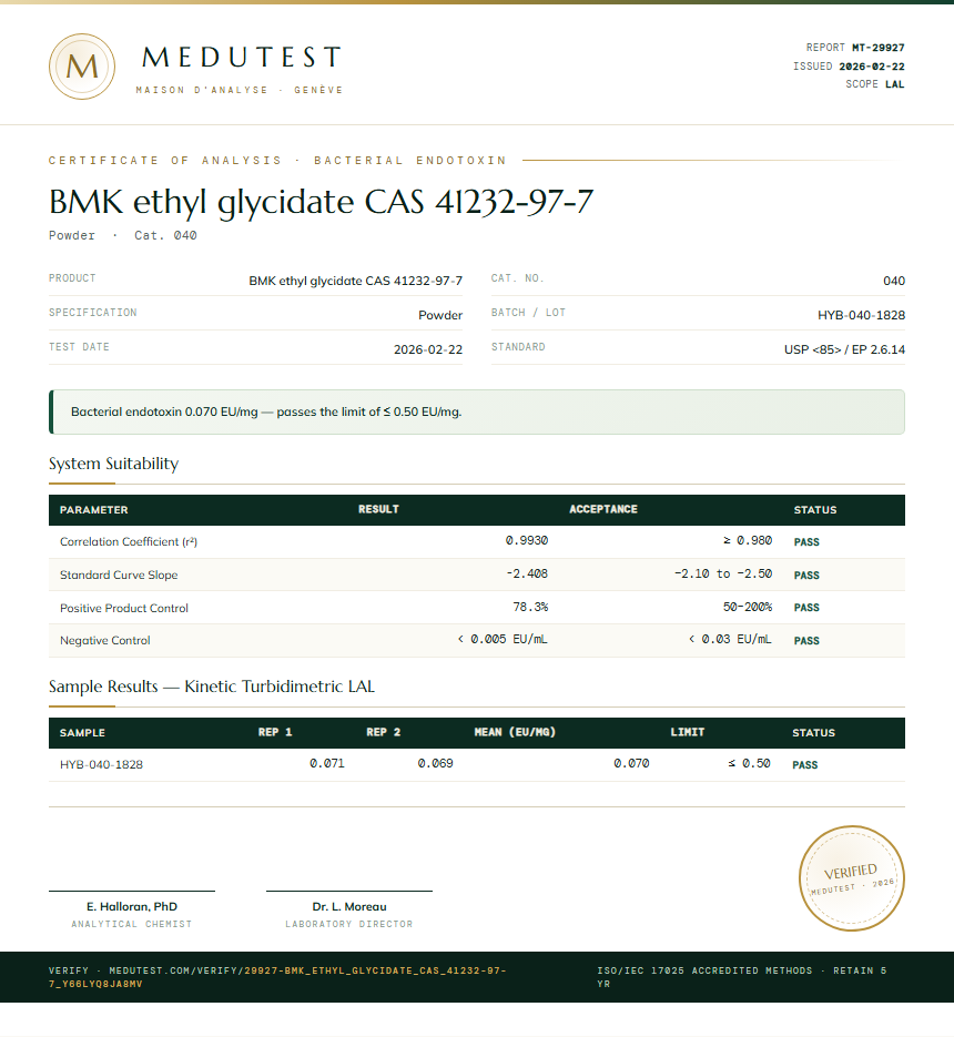 BMK ethyl glycidate CAS 41232-97-7 Endotoxin report by Medutest