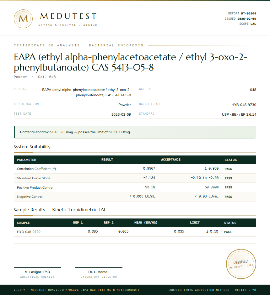 EAPA (ethyl alpha-phenylacetoacetate / ethyl 3-oxo-2-phenylbutanoate) CAS 5413-05-8 Endotoxin report by Medutest