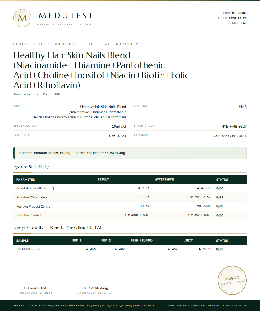Healthy Hair Skin Nails Blend (Niacinamide+Thiamine+Pantothenic Acid+Choline+Inositol+Niacin+Biotin+Folic Acid+Riboflavin) Endotoxin report by Medutest