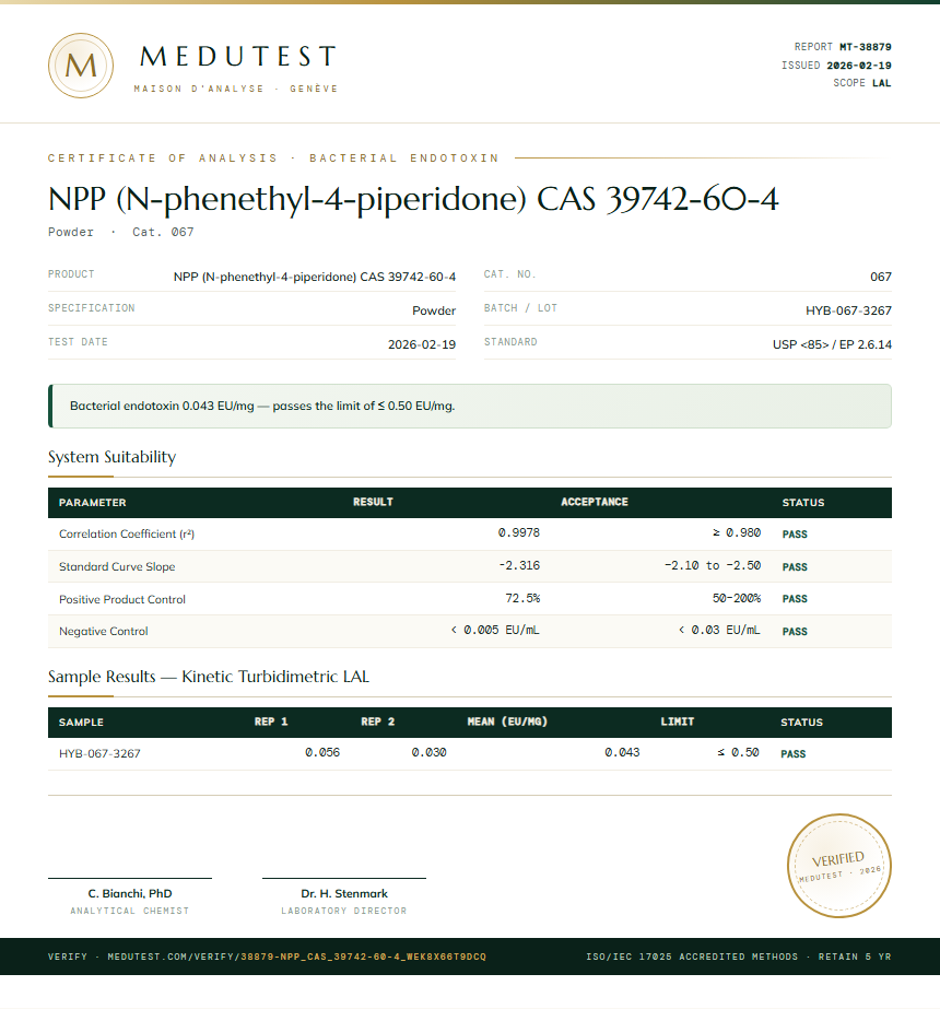 NPP (N-phenethyl-4-piperidone) CAS 39742-60-4 Endotoxin report by Medutest