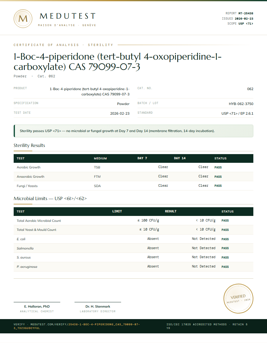 1-Boc-4-piperidone (tert-butyl 4-oxopiperidine-1-carboxylate) CAS 79099-07-3 Sterility report by Medutest