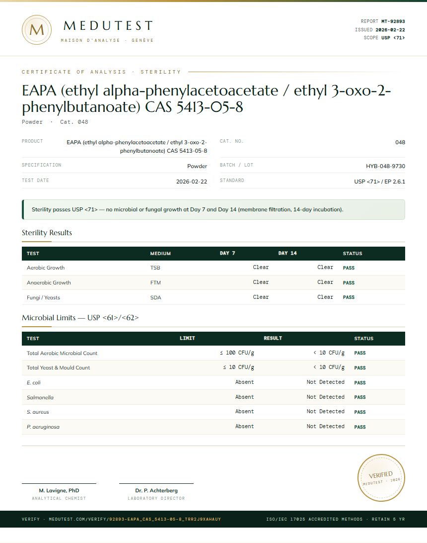 EAPA (ethyl alpha-phenylacetoacetate / ethyl 3-oxo-2-phenylbutanoate) CAS 5413-05-8 Sterility report by Medutest