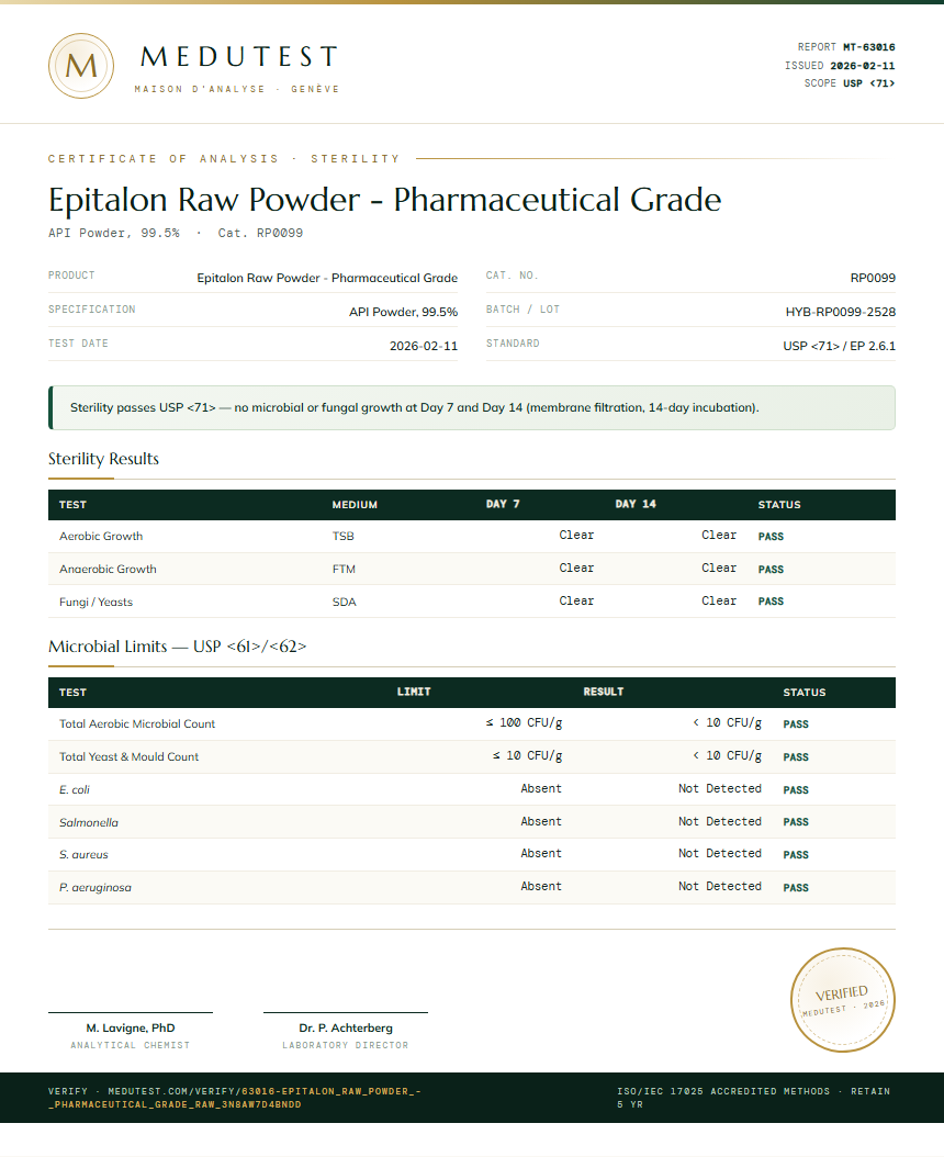 Epitalon Raw Powder - Pharmaceutical Grade Sterility report by Medutest