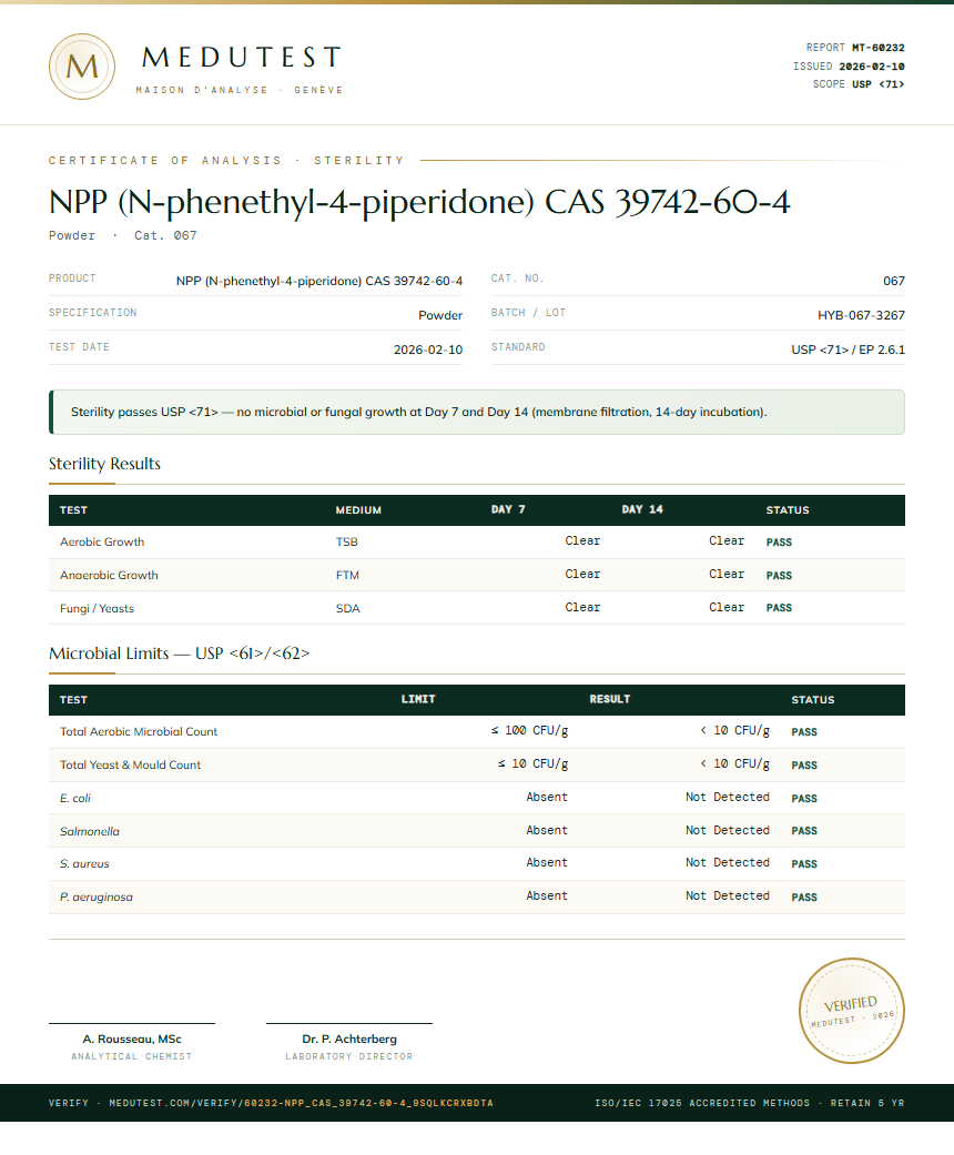 NPP (N-phenethyl-4-piperidone) CAS 39742-60-4 Sterility report by Medutest