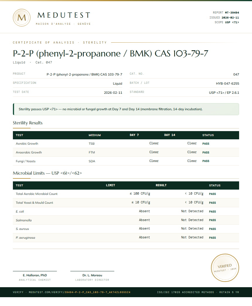 P-2-P (phenyl-2-propanone / BMK) CAS 103-79-7 Sterility report by Medutest