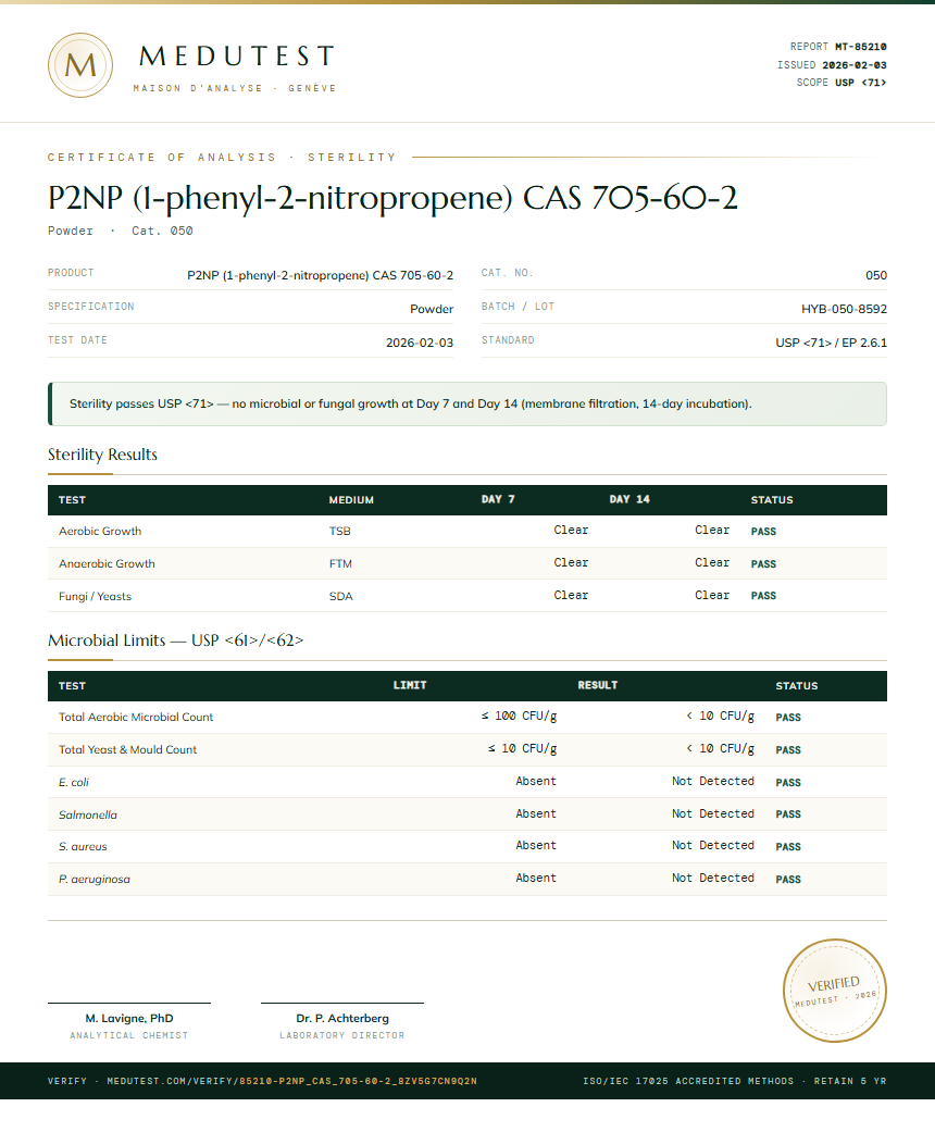 P2NP (1-phenyl-2-nitropropene) CAS 705-60-2 Sterility report by Medutest