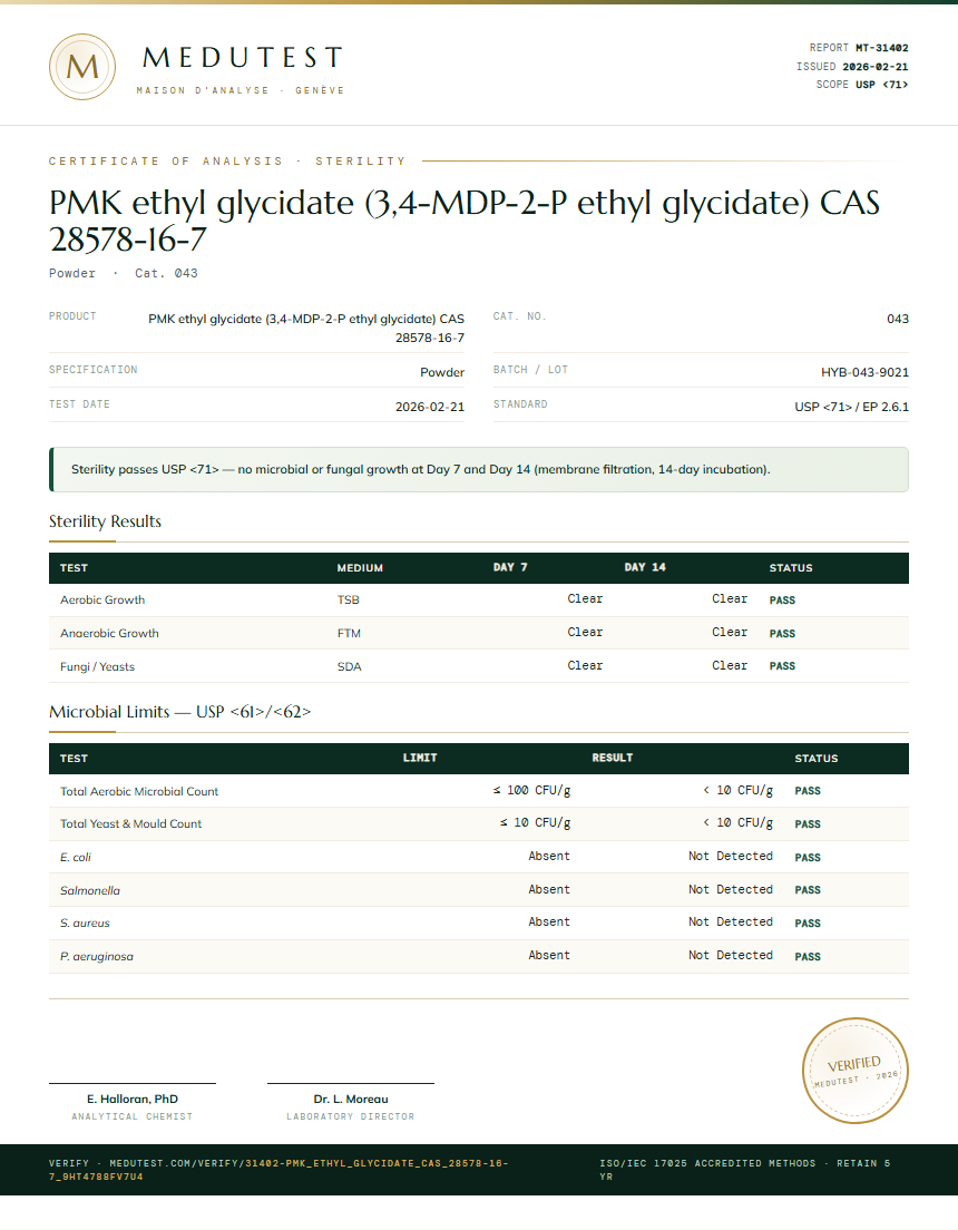 PMK ethyl glycidate (3,4-MDP-2-P ethyl glycidate) CAS 28578-16-7 Sterility report by Medutest
