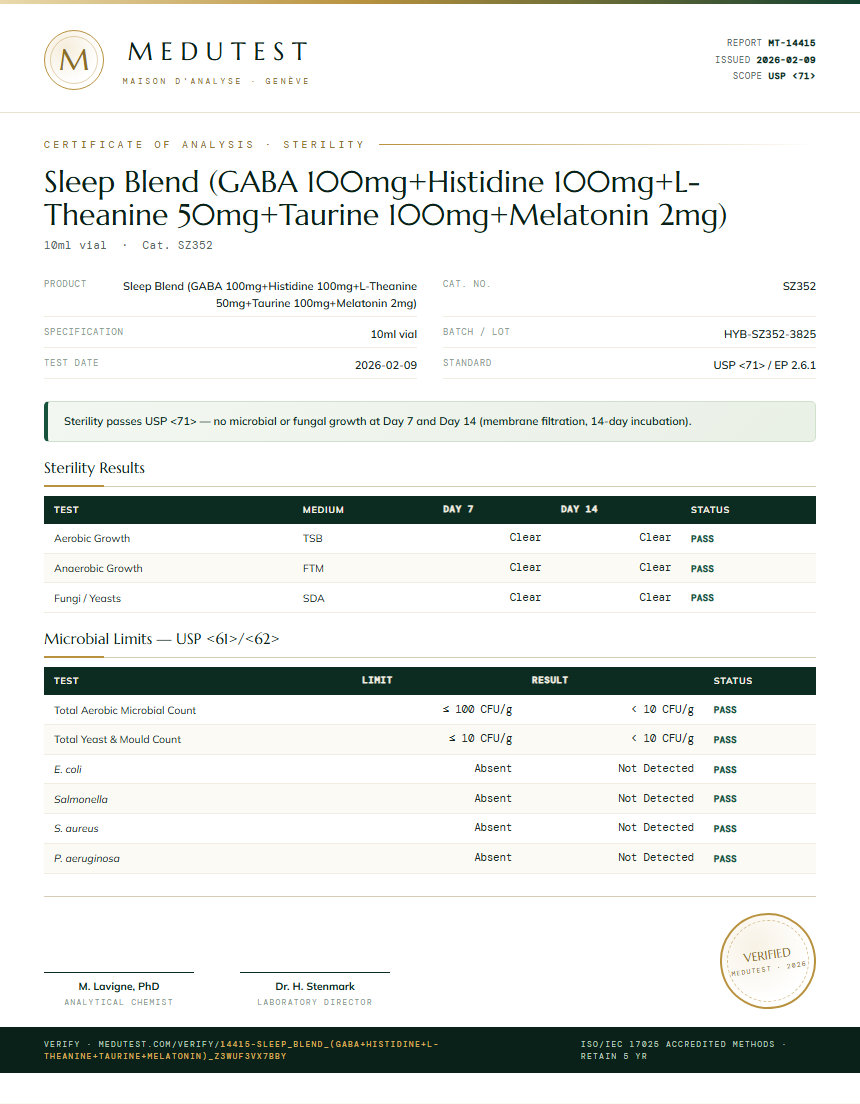 Sleep Blend (GABA 100mg+Histidine 100mg+L-Theanine 50mg+Taurine 100mg+Melatonin 2mg) Sterility report by Medutest