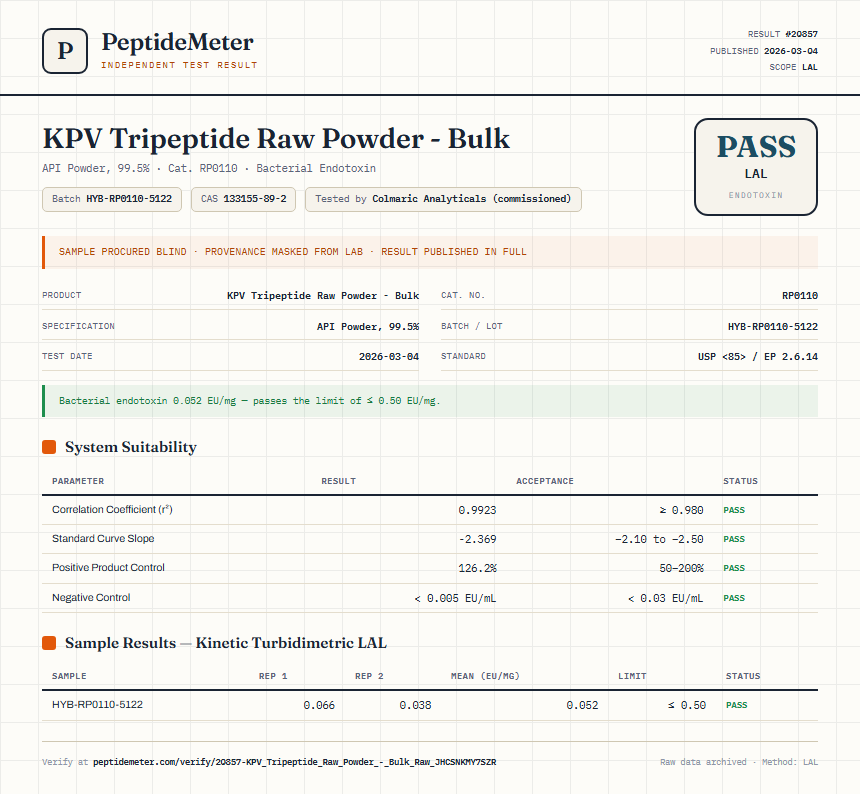 KPV Tripeptide Raw Powder - Bulk Endotoxin report by PeptideMeter