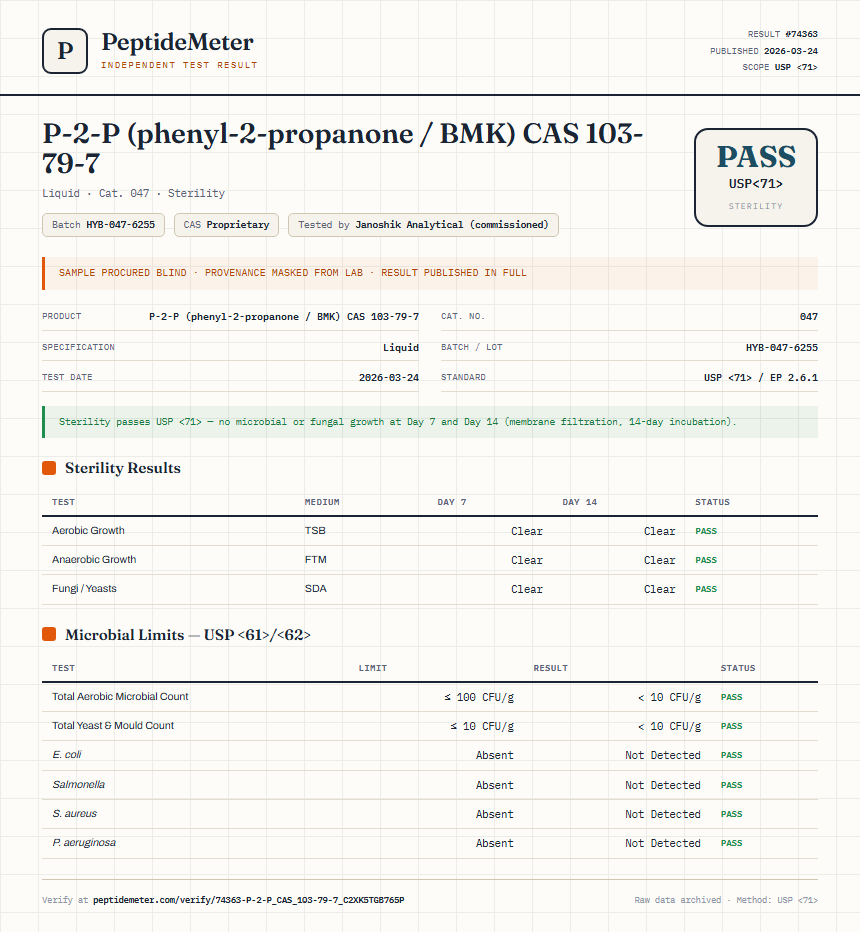 P-2-P (phenyl-2-propanone / BMK) CAS 103-79-7 Sterility report by PeptideMeter