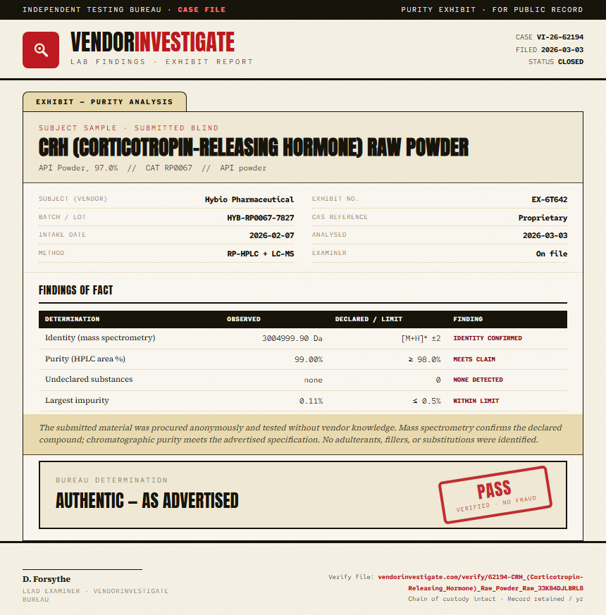 CRH (Corticotropin-Releasing Hormone) Raw Powder Purity (HPLC) report by VendorInvestigate