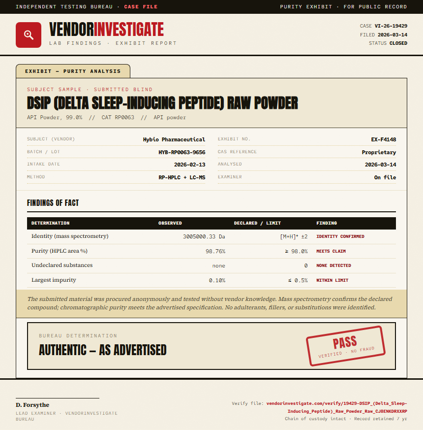 DSIP (Delta Sleep-Inducing Peptide) Raw Powder Purity (HPLC) report by VendorInvestigate