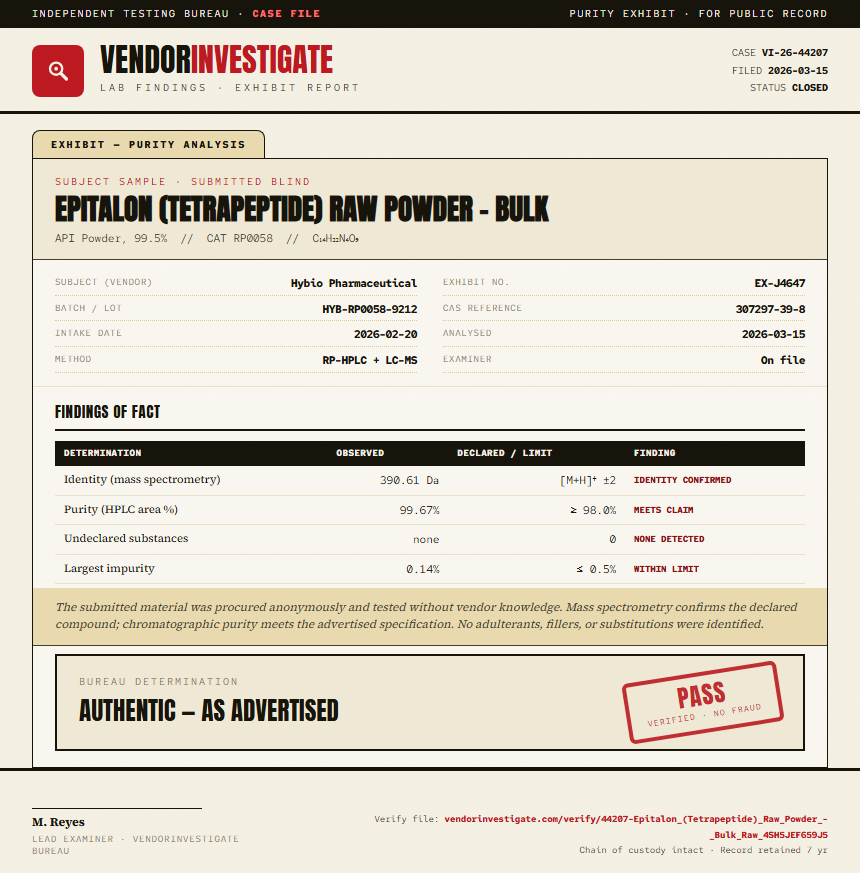 Epitalon (Tetrapeptide) Raw Powder - Bulk Purity (HPLC) report by VendorInvestigate