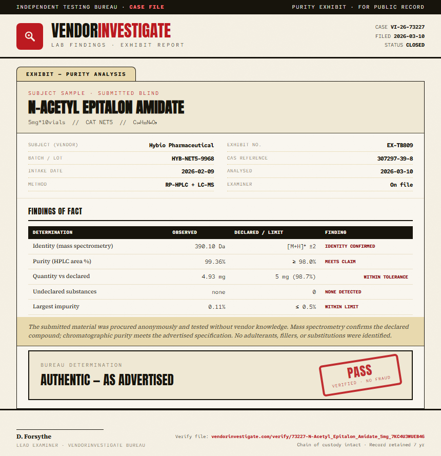 N-Acetyl Epitalon Amidate Purity (HPLC) report by VendorInvestigate