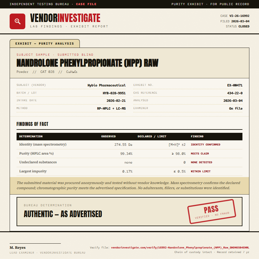Nandrolone Phenylpropionate (NPP) Raw Purity (HPLC) report by VendorInvestigate