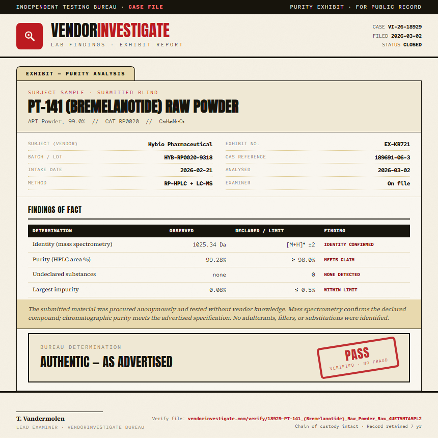 PT-141 (Bremelanotide) Raw Powder Purity (HPLC) report by VendorInvestigate