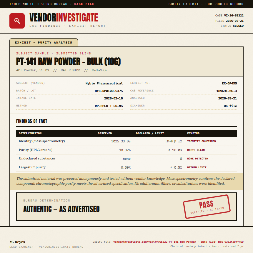 PT-141 Raw Powder - Bulk (10g) Purity (HPLC) report by VendorInvestigate