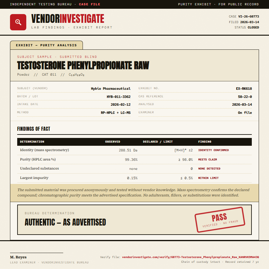 Testosterone Phenylpropionate Raw Purity (HPLC) report by VendorInvestigate