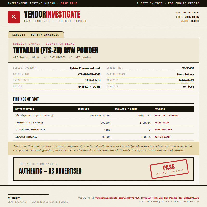 Thymulin (FTS-Zn) Raw Powder Purity (HPLC) report by VendorInvestigate