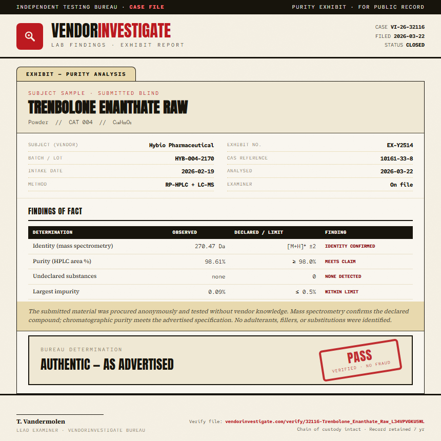 Trenbolone Enanthate Raw Purity (HPLC) report by VendorInvestigate