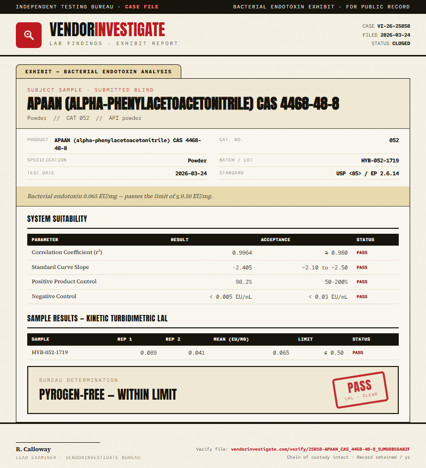 APAAN (alpha-phenylacetoacetonitrile) CAS 4468-48-8 Endotoxin report by VendorInvestigate