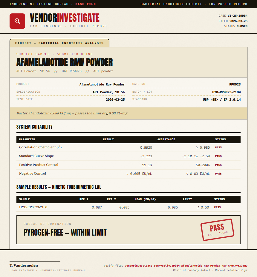Afamelanotide Raw Powder Endotoxin report by VendorInvestigate