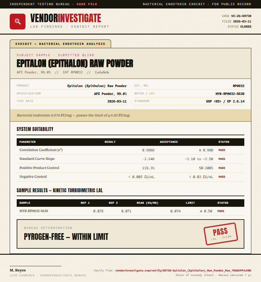 Epitalon (Epithalon) Raw Powder Endotoxin report by VendorInvestigate