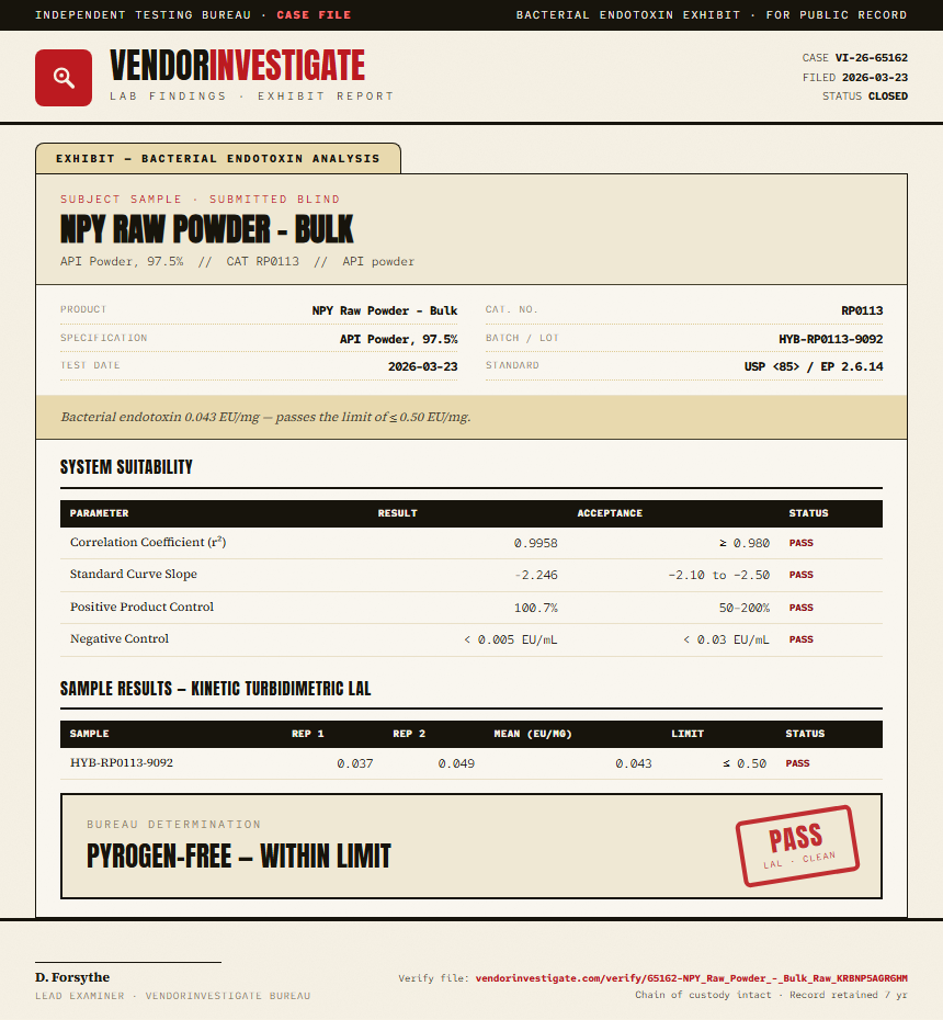 NPY Raw Powder - Bulk Endotoxin report by VendorInvestigate