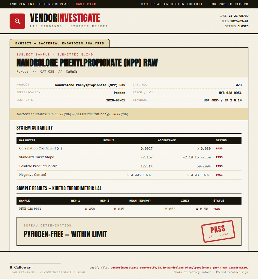 Nandrolone Phenylpropionate (NPP) Raw Endotoxin report by VendorInvestigate