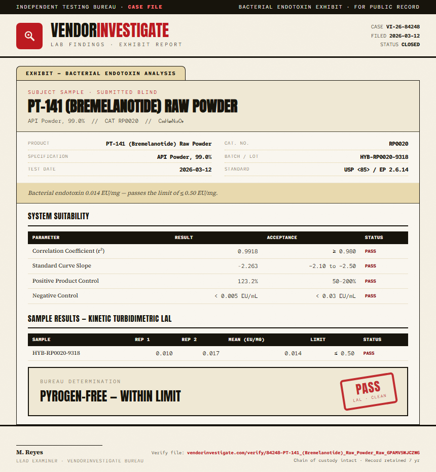 PT-141 (Bremelanotide) Raw Powder Endotoxin report by VendorInvestigate