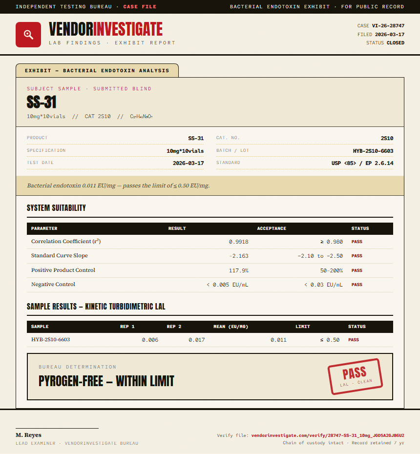 SS-31 Endotoxin report by VendorInvestigate