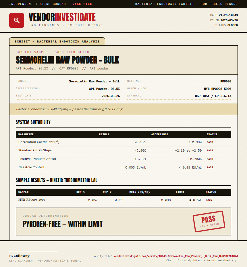 Sermorelin Raw Powder - Bulk Endotoxin report by VendorInvestigate