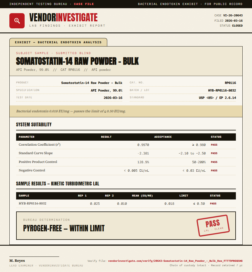 Somatostatin-14 Raw Powder - Bulk Endotoxin report by VendorInvestigate