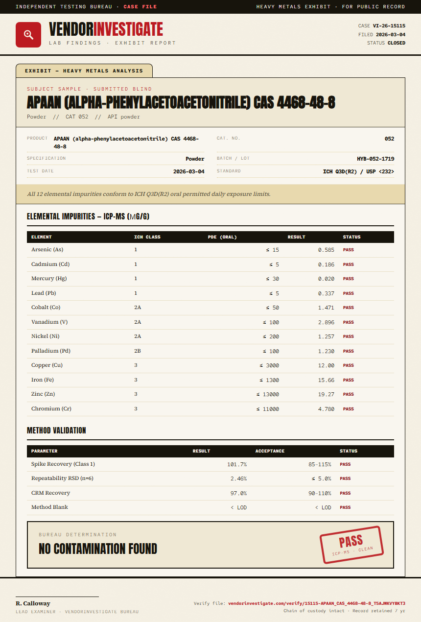 APAAN (alpha-phenylacetoacetonitrile) CAS 4468-48-8 Heavy Metals report by VendorInvestigate