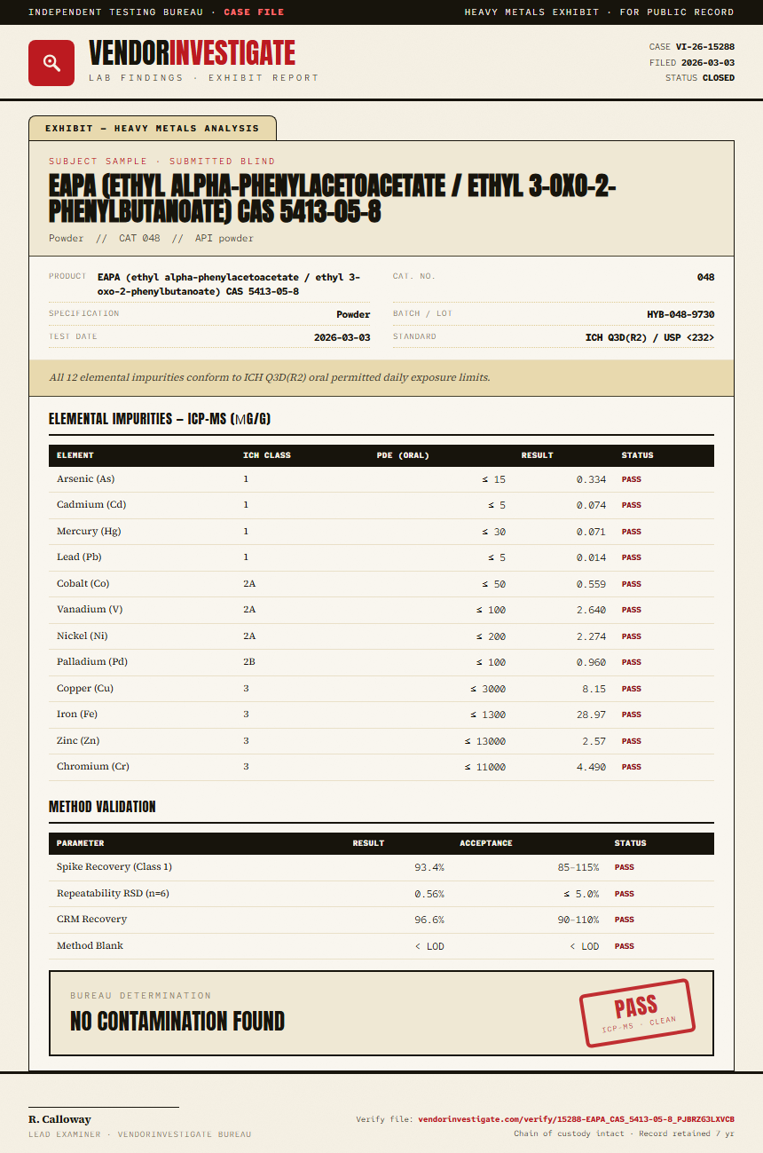 EAPA (ethyl alpha-phenylacetoacetate / ethyl 3-oxo-2-phenylbutanoate) CAS 5413-05-8 Heavy Metals report by VendorInvestigate