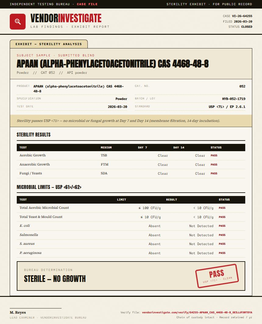 APAAN (alpha-phenylacetoacetonitrile) CAS 4468-48-8 Sterility report by VendorInvestigate
