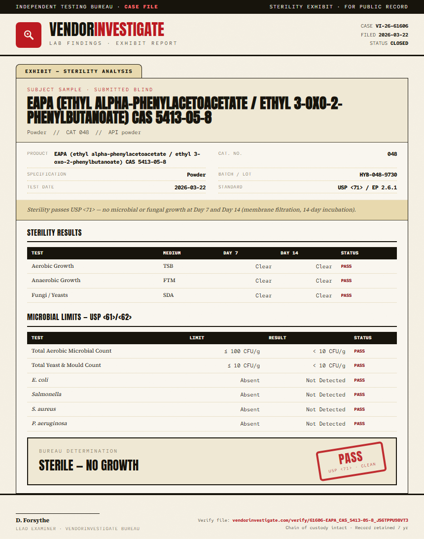 EAPA (ethyl alpha-phenylacetoacetate / ethyl 3-oxo-2-phenylbutanoate) CAS 5413-05-8 Sterility report by VendorInvestigate