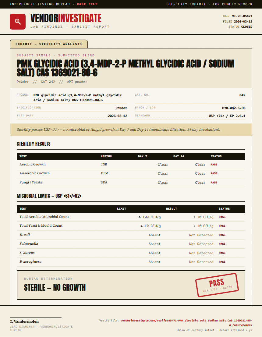 PMK glycidic acid (3,4-MDP-2-P methyl glycidic acid / sodium salt) CAS 1369021-80-6 Sterility report by VendorInvestigate