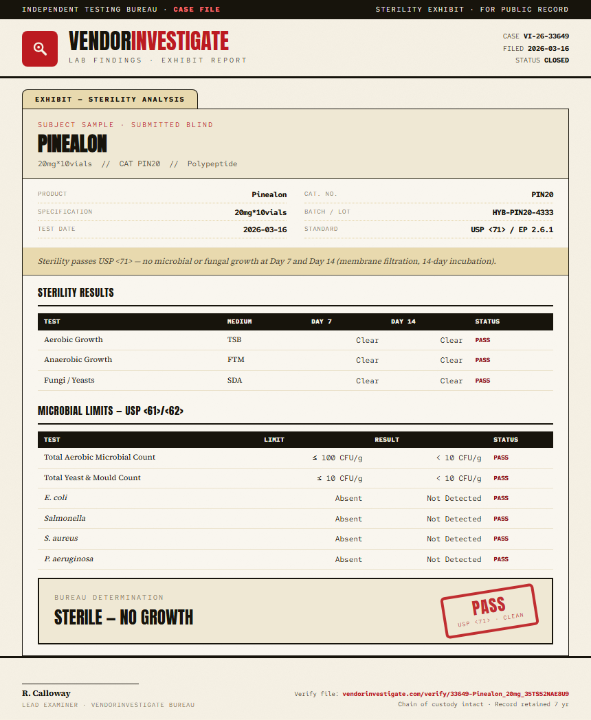 Pinealon Sterility report by VendorInvestigate