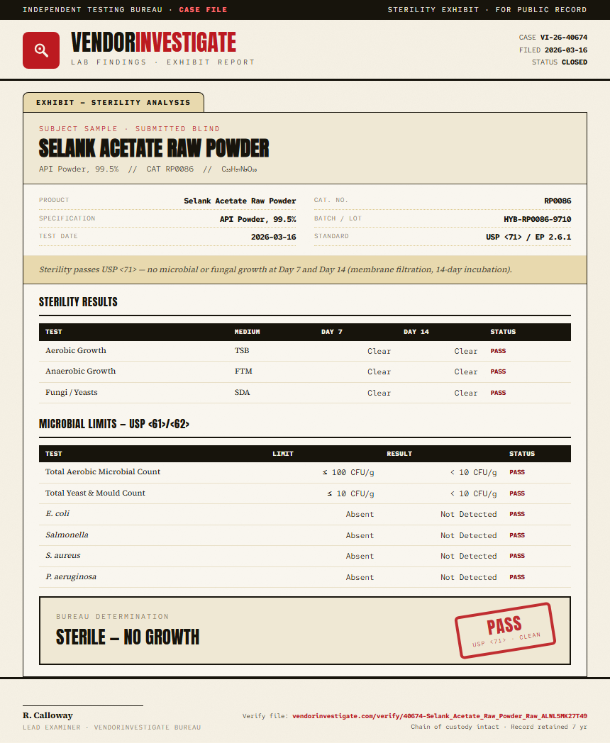 Selank Acetate Raw Powder Sterility report by VendorInvestigate